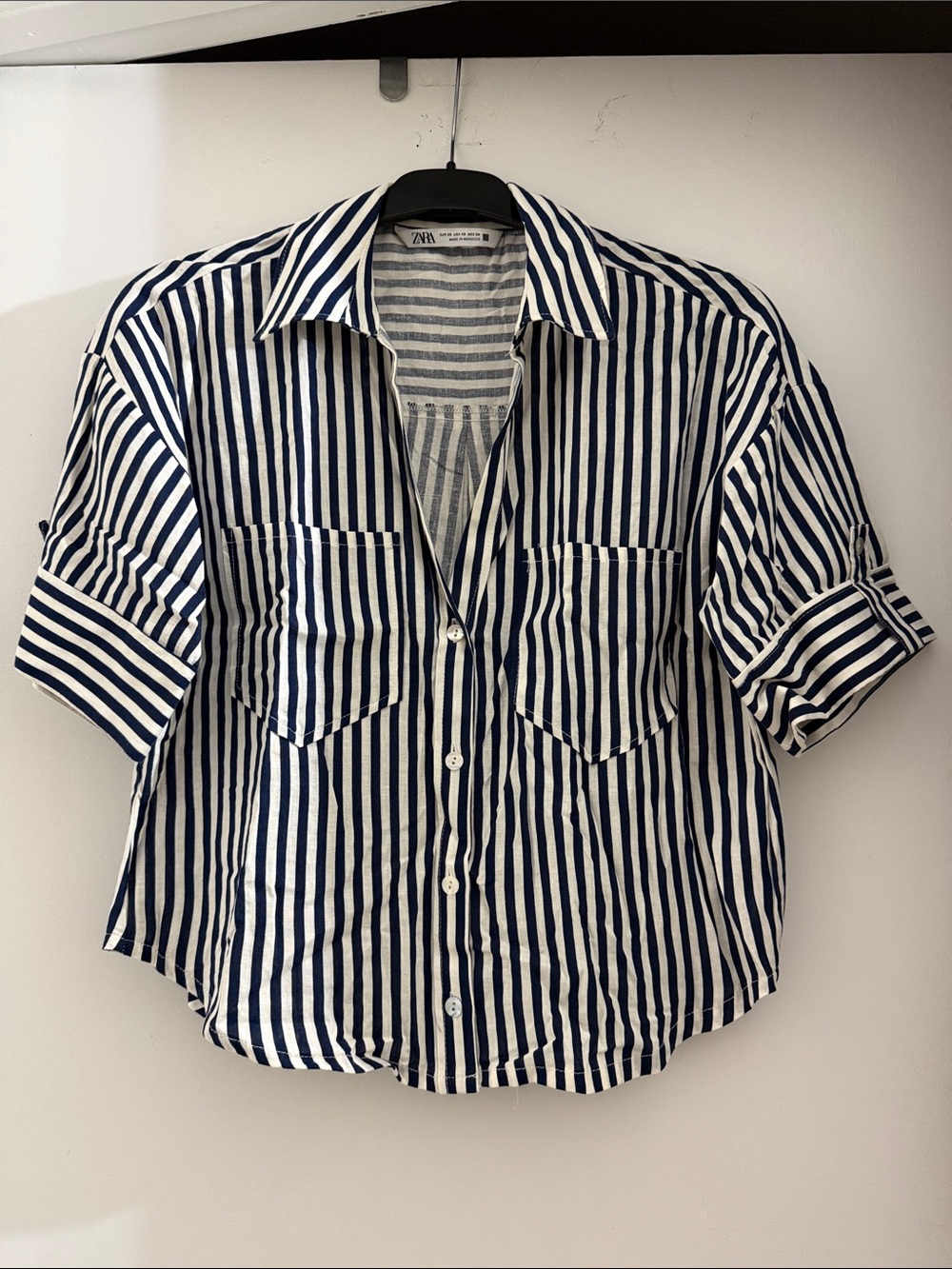 Zara Navy and White Striped Short Sleeve Button-Down Shirt Size XS